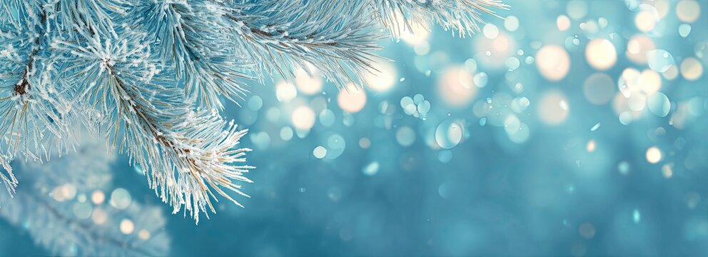 Frost-covered pine branch with soft, glowing blue and white bokeh lights