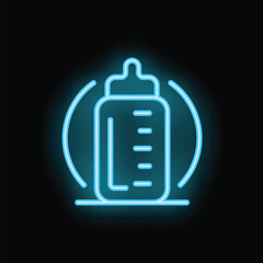 Neon blue icon of a baby bottle glowing on a black background