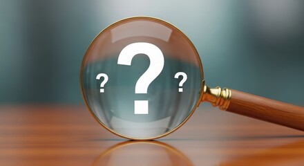 Magnifying glass focuses on question marks, symbolizing inquiry and uncertainty