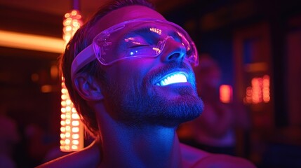 A man enjoys a glowing experience under colorful lights while smiling bright