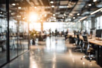 Blurry modern office interior with sun glare and people working