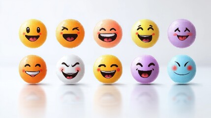 Naklejka premium A vibrant display of ten balls featuring different smiley faces representing emotions