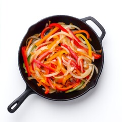 Colorful Sautéed Bell Peppers and Onions in a Black Cast Iron Skillet on White Background