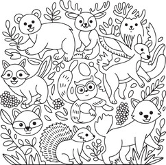 Obraz premium Black and white line art illustration of cute forest animals and plants bear deer