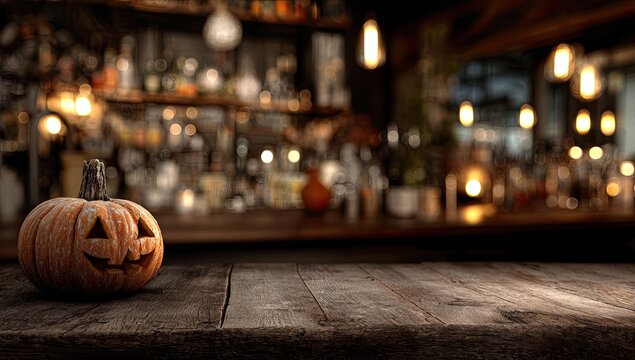 A carved Halloween pumpkin sits on a rustic wooden table in a bar
