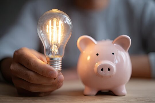 Hand holds lit bulb near pink piggy bank on wooden surface - Powered by Adobe