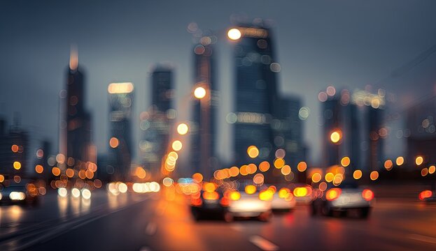 Fototapeta Blurry city lights and traffic at night, abstract urban glow
