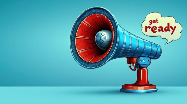 A bright blue megaphone stands against a turquoise backdrop, urging everyone to prepare