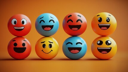 Brightly colored smiley balls display various expressions on an orange backdrop