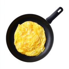 Fluffy Golden Omelette Cooking in Non-Stick Frying Pan Ready for Serving or Presentation on a Bright Kitchen Counter