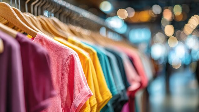 Colorful t-shirts displayed on hangers in a well-lit store
