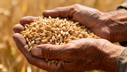 Close-up of a farmer's hands holding golden barley grains. Worker inspecting the crop during harvest in a sunlit field. Agriculture and food production concept