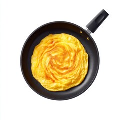 Delicately Cooked Yellow Omelette in Black Frying Pan on White Background