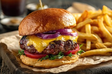 Juicy cheeseburger with melted cheese, fresh toppings, and fries