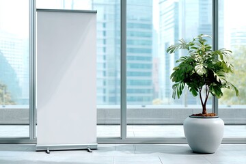 Empty display banner and plant in modern office with city view