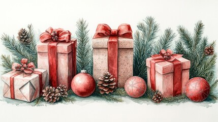 Colorful wrapped gifts and ornaments surrounded by pine branches create a cheerful scene