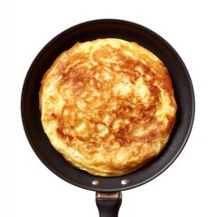 Golden Brown Tortilla in a Frying Pan with a Rustic Handle on a White Background Ready for Serving