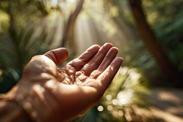 Open hand receiving sunbeams in a lush forest