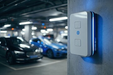 Electric vehicle charging station mounted on a concrete wall in a parking garage