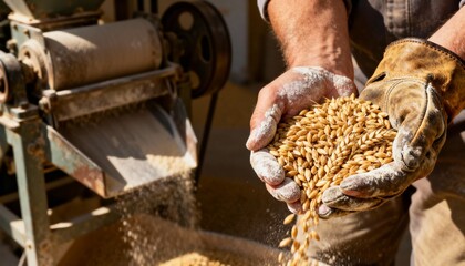 Farmer's hands holding a handful of fresh wheat grains. Close-up of a worker with rustic milling machinery. Agriculture and food production concept