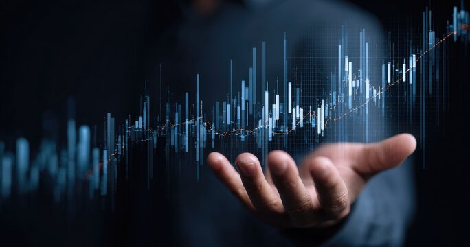 Person holding upward trending abstract financial data graph