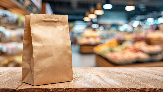 Brown paper bag sits on a wooden table in a grocery store aisle