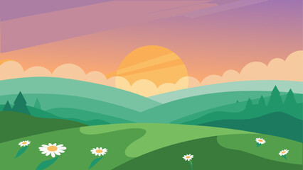 Fototapeta premium Stylized landscape with rolling green hills and daisies at sunrise