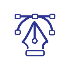 Obraz premium Blue line art icon of a fountain pen nib creating a vector Bezier curve path with anchor points.