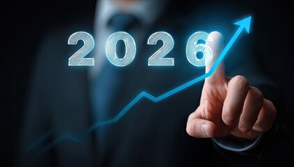 Businessman points to upward trend graph overlayed with "2026