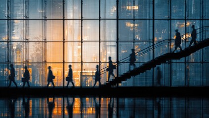 Silhouettes of business people ascend a modern glass staircase at dusk