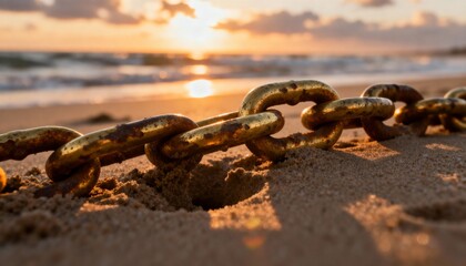 Rusty metal chain on a sandy beach during a golden sunset. Close-up of heavy links with the ocean in the background. Strength and connection concept
