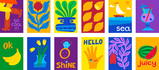 Retro posters. Summer fruit cocktail, vintage lemon and flower prints. For funky, hipster interior tropical wall. Abstract kids background, party cards or print design. Vector cartoon set