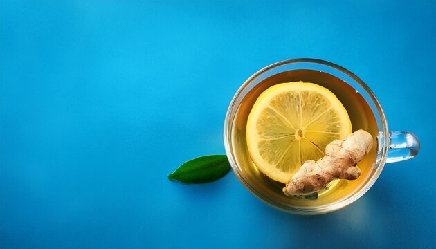 Ginger Tea With Lemon In Glass Cup At Blue Background Space For A Text