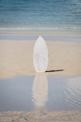 White surfboard standing upright on wet sandy beach with calm ocean waves in the background