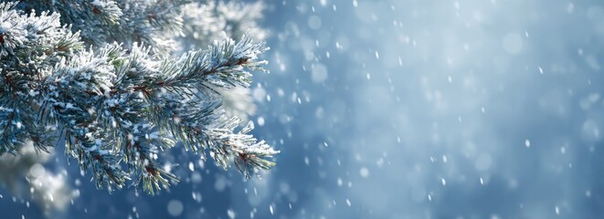 Frosted pine branch with falling snow against a soft blue background