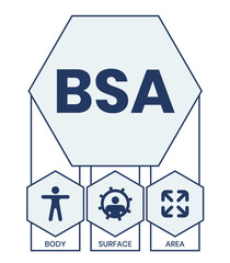BSA - Body Surface Area acronym. business concept background. vector illustration concept with keywords and icons. lettering illustration with icons for web banner, flyer