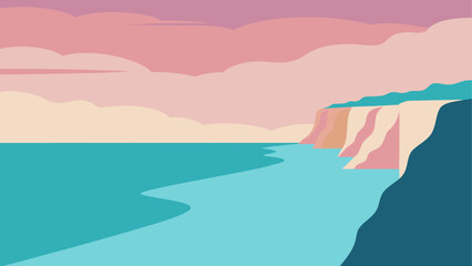 Abstract coastal landscape with pink clouds and turquoise sea