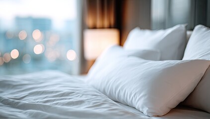 Plush white pillows and rumpled sheets on a bed, city lights bokeh
