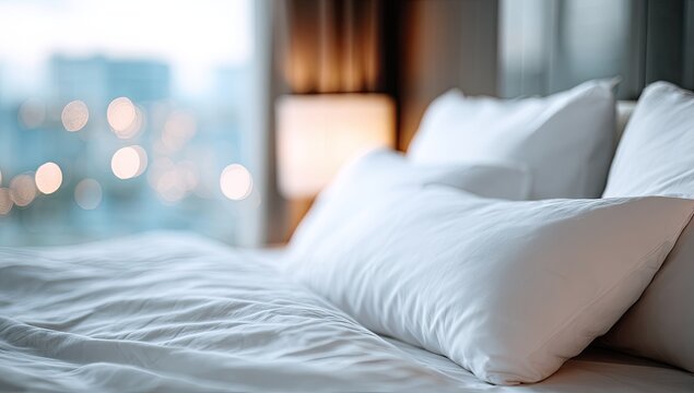 Plush white pillows and rumpled sheets on a bed, city lights bokeh