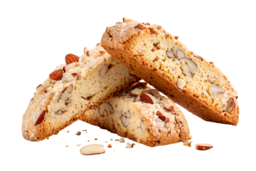 Delicious almond biscotti cookies stacked on a dark background with crumbs