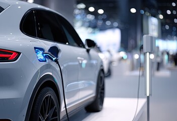 Fototapeta premium White electric SUV charging with blue light at station