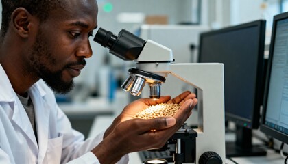 Male scientist examining grains with a microscope in a modern laboratory. Agricultural research, food science, and biotechnology concept