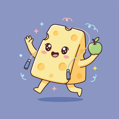 A cartoon slice of Swiss cheese character with big eyes is skipping rope and holding an apple, against a blue background with festive decorations.