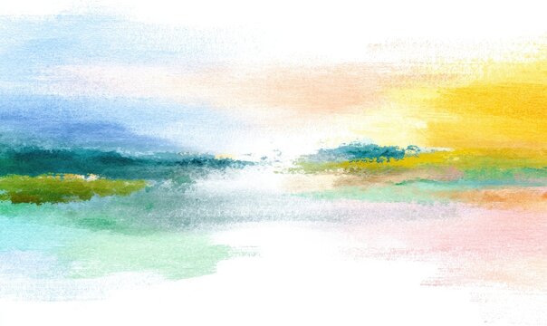 Soft watercolor strokes create a serene, abstract landscape in pastel hues