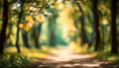 Fototapeta premium A blurred path winds through sun-dappled trees in a peaceful forest