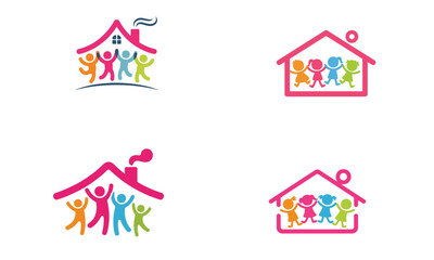 Happy family inside colorful house logo design representing home care and community support
