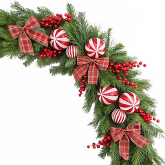 Festive christmas garland decor with red bows candy ornaments and berries on evergreen branches