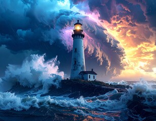 White lighthouse stands against dramatic storm clouds and crashing waves ocean