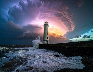 White lighthouse stands against dramatic stormy sky and crashing waves clouds
