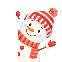 Cheerful snowman wearing striped hat and scarf waving hello holiday greeting winter fun
